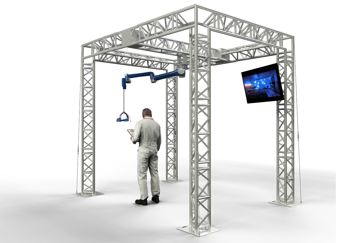 Rendering of a freestanding VR system with a six-degree-of-freedom headset suspended from a metal frame beside a display.